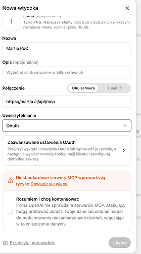 New plugin window in ChatGPT with Martia's server address and OAuth authentication