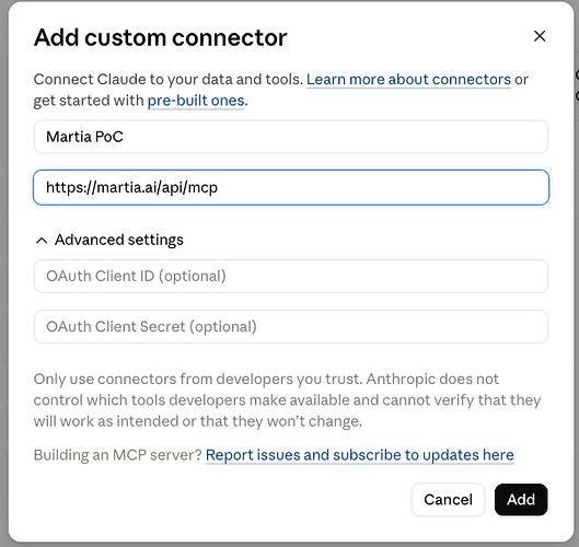 Custom connector addition window in Claude with Martia's server address pasted