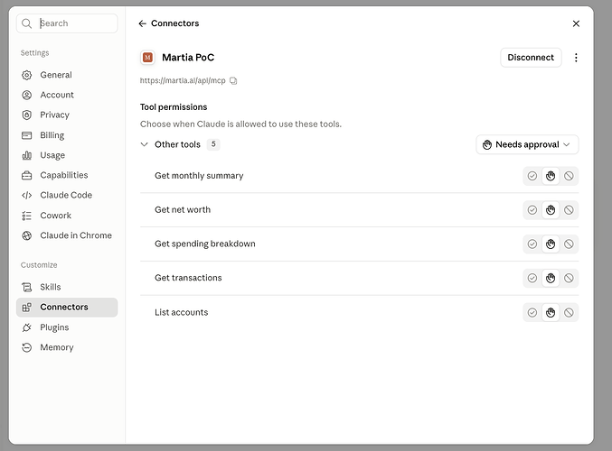 Connector settings in Claude after connection — five Martia tools visible